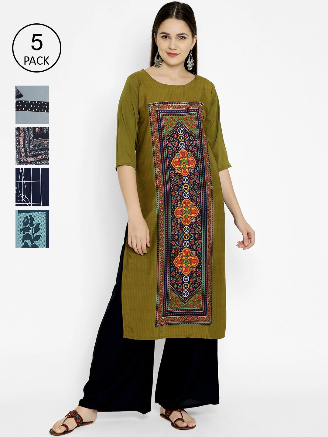 

7Threads Multicoloured Pack Of 5 Printed Crepe Kurta, Multi