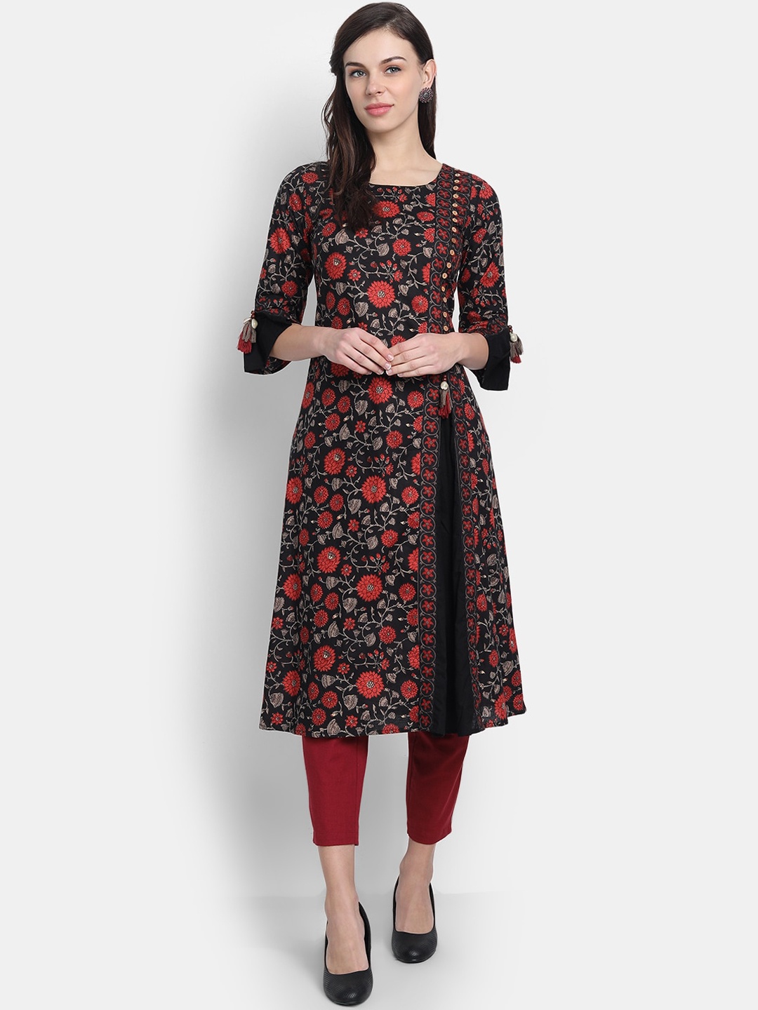 

fabGLOBAL Black & Red Floral Printed Handloom Kurta