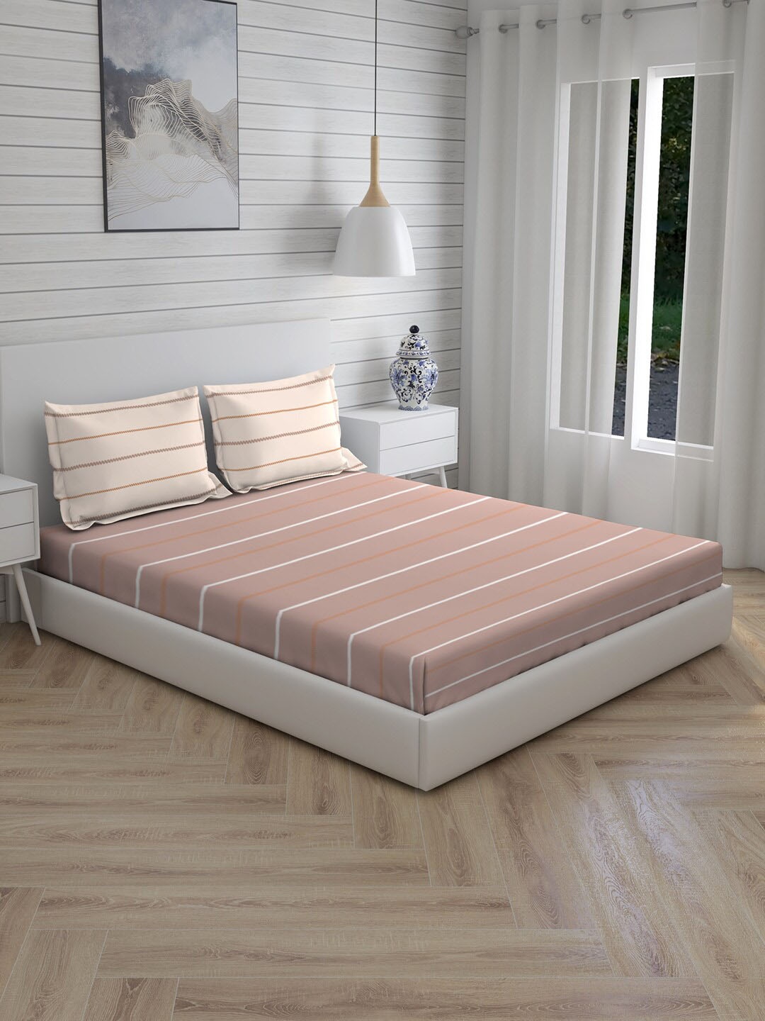 

Layers Pink & Beige Striped 104 TC Cotton 1 Queen Bedsheet with 2 Pillow Covers
