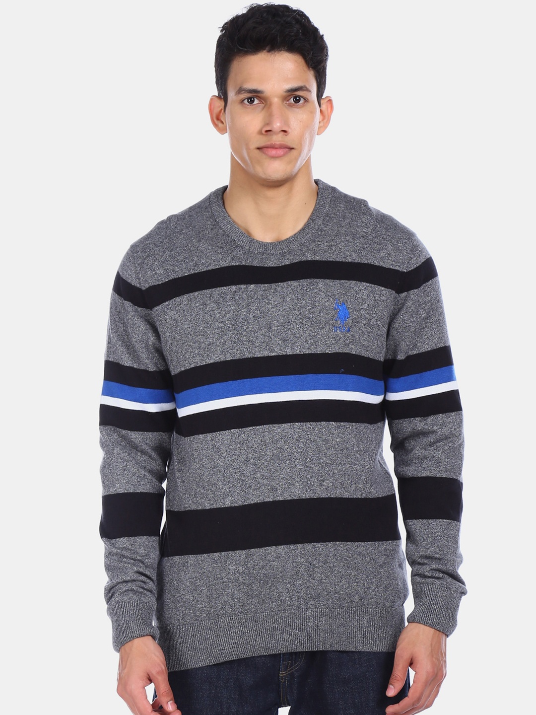 

U.S. Polo Assn. Men Grey Melange Striped Pullover Sweater