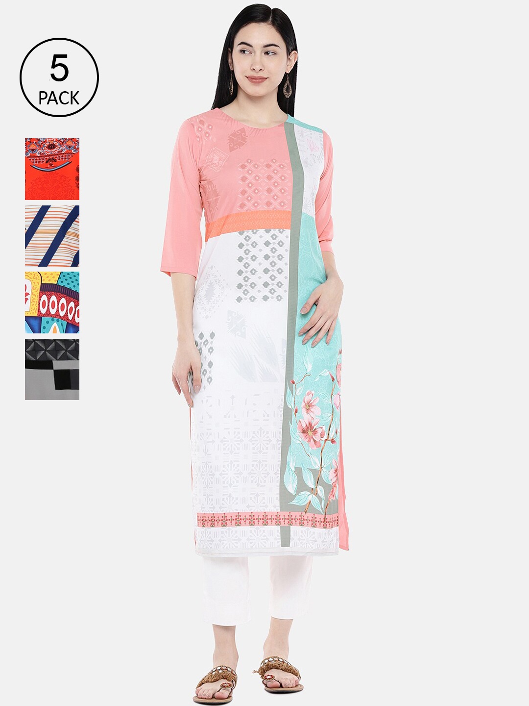 

7Threads Women Multicoloured Ethnic Motifs Printed Crepe Kurta Pack of 5, Multi