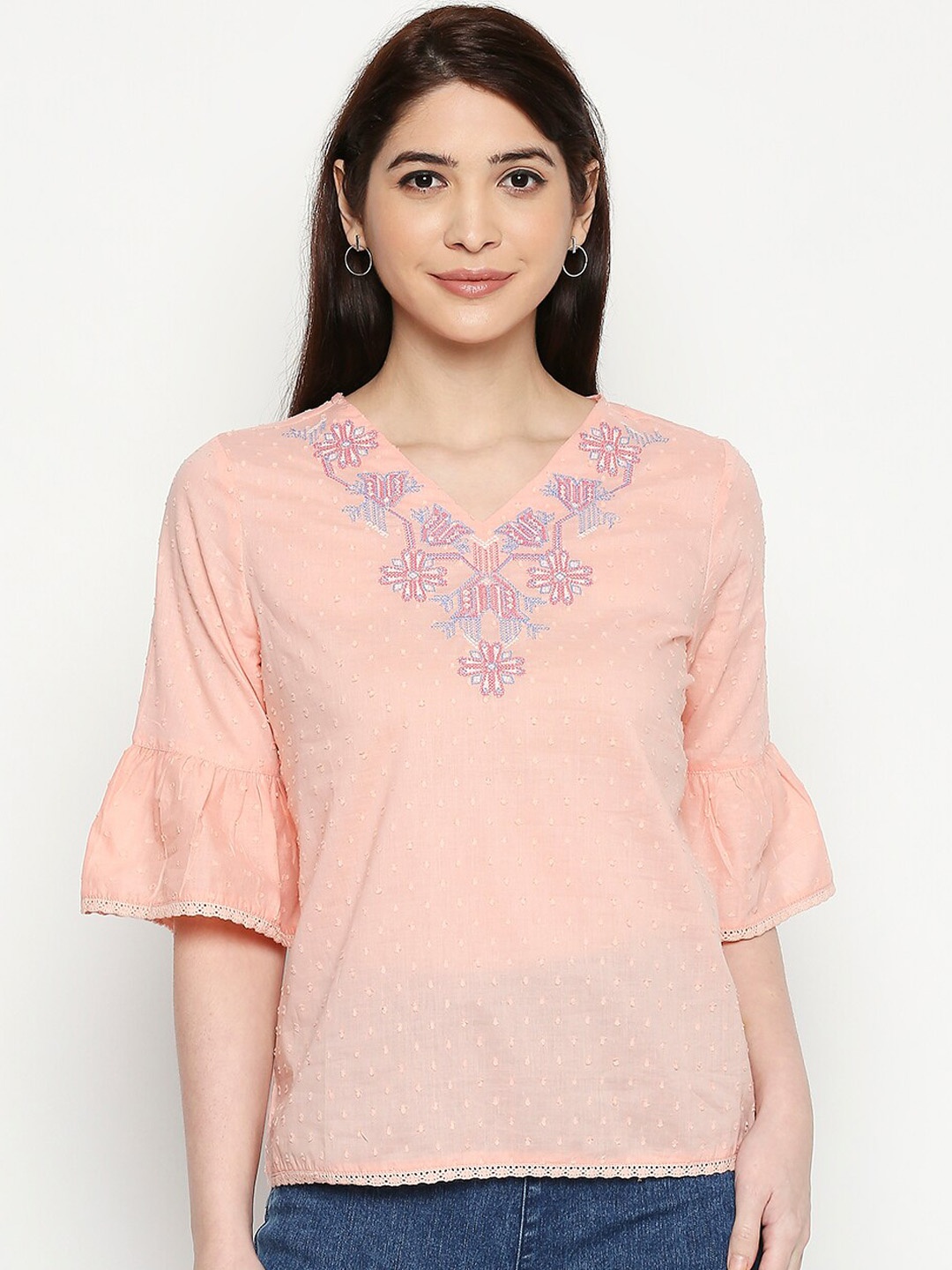 

People Pink & Blue Floral Embroidered Bell Sleeves Pure Cotton Top