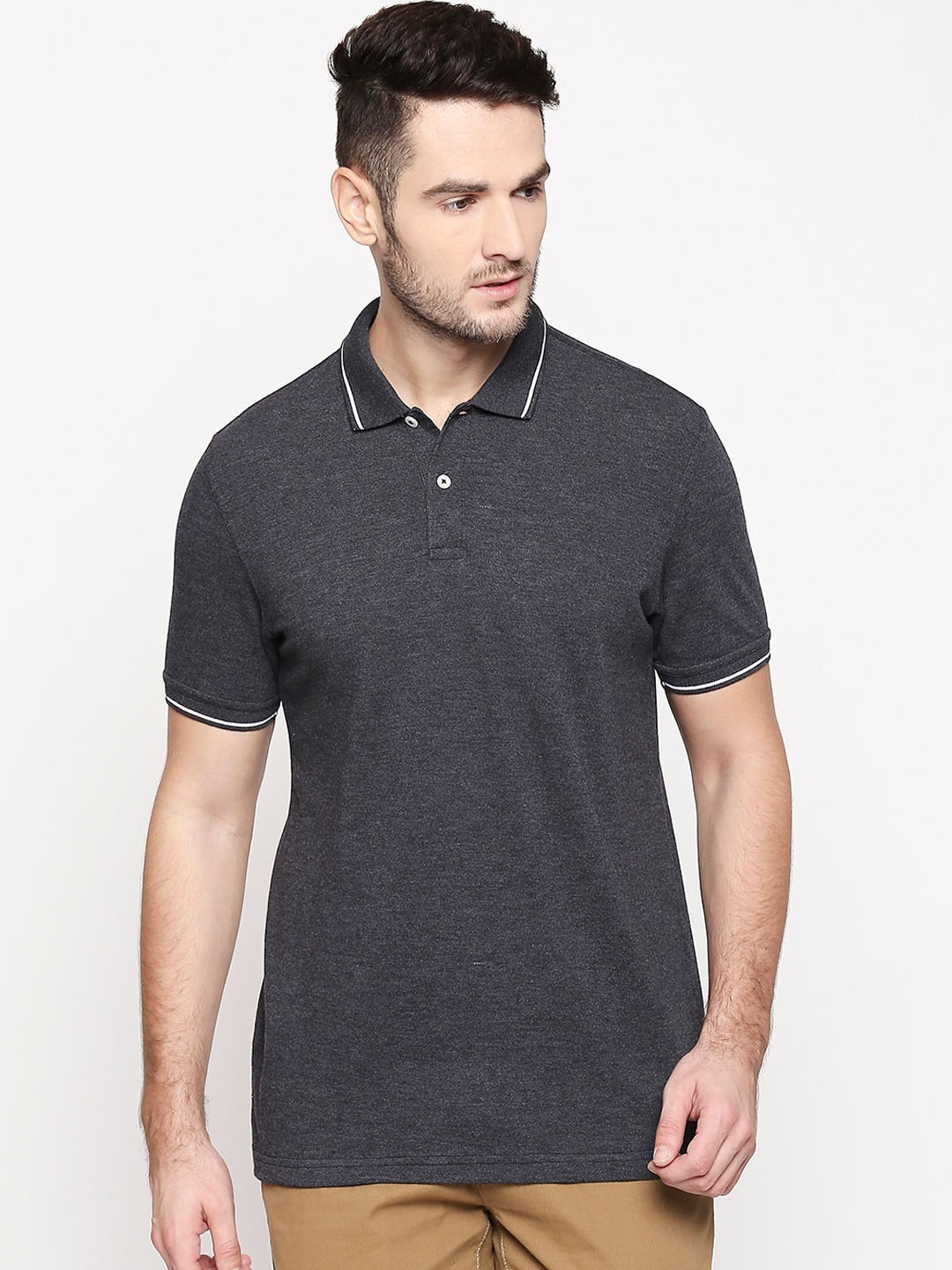 BYFORD by Pantaloons Men Charcoal Grey Solid Polo Collar T-shirt