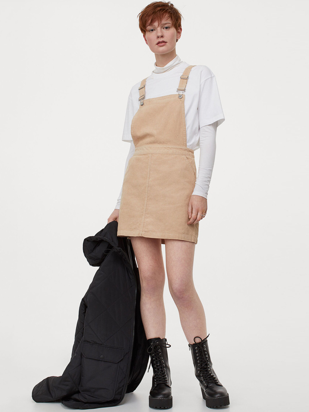 

H&M Women Beige Self Design Corduroy Dungaree Dress
