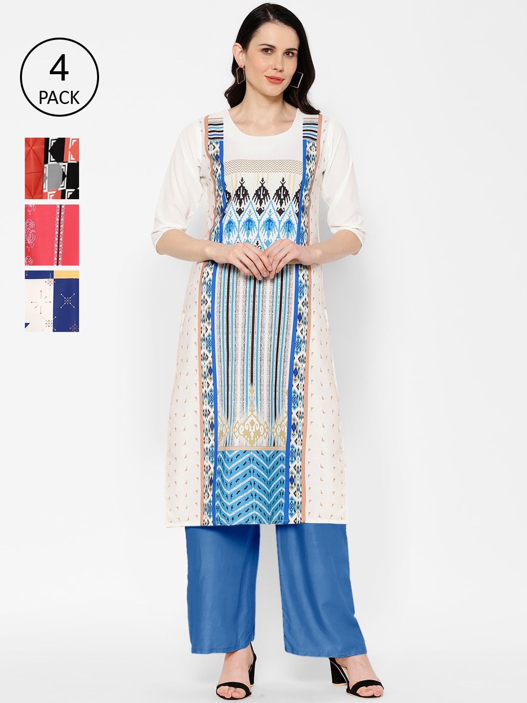 

7Threads Women Multicoloured Ethnic Motifs Printed Crepe Kurta Pack of 4, Multi