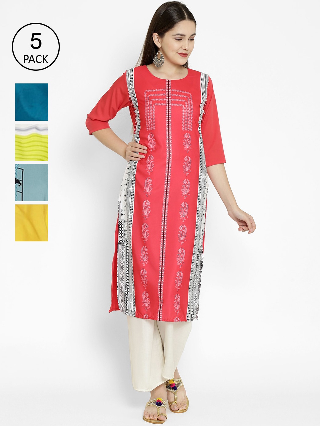 

7Threads Pack Of 5 Printed Crepe Round Neck Regular Sleeves Kurtas, Blue