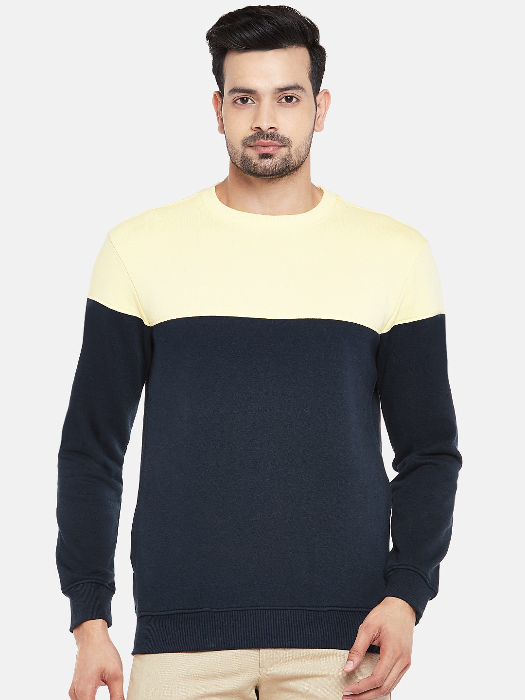 

BYFORD by Pantaloons Men Yellow & Navy Blue Colourblocked Sweatshirt