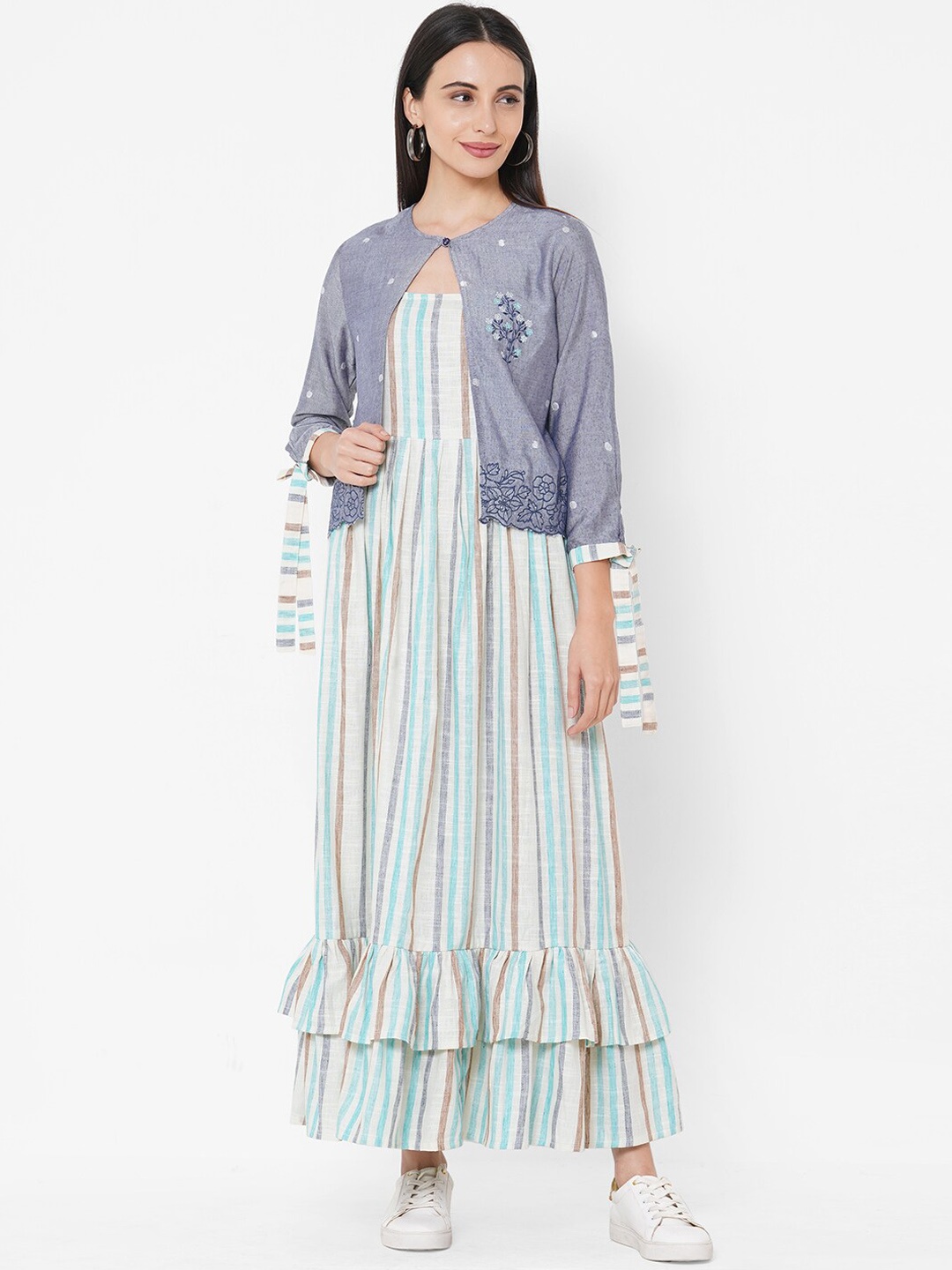 

FASHOR Women Multicoloured Striped Maxi Dress with Embroidered Jacket, Multi