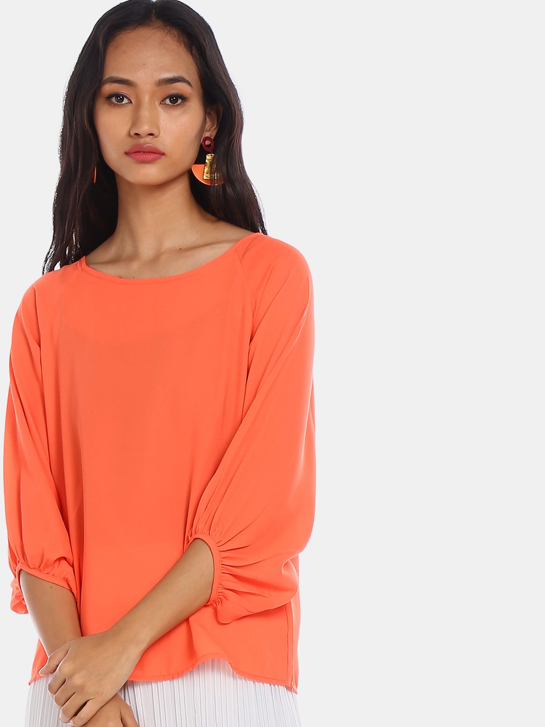 

Cherokee Orange Solid Puff Sleeves Top