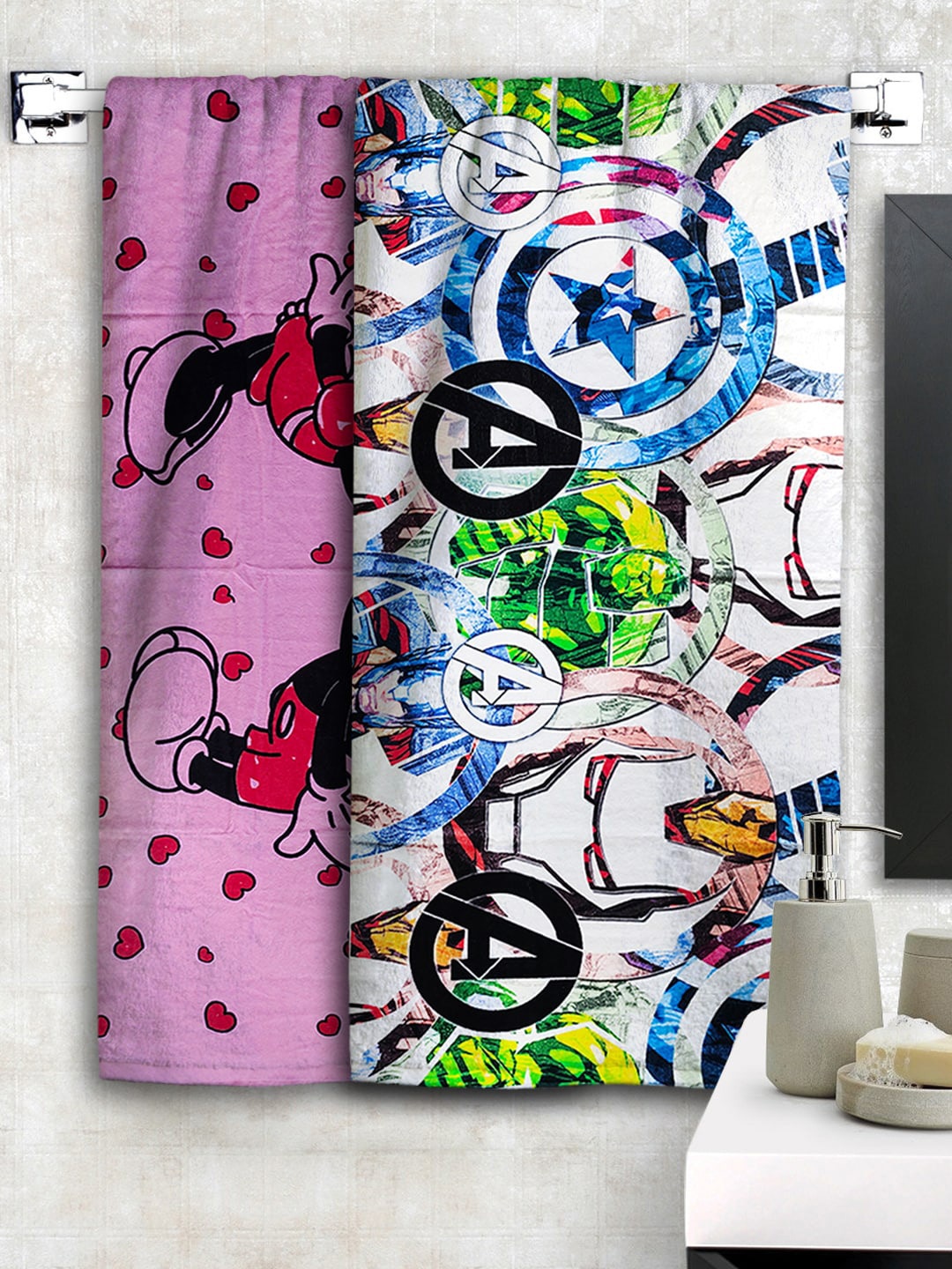 Disney Set Of 2 White & Pink Athom Trendz Disney & Marvel Printed 300 GSM Bath Towels