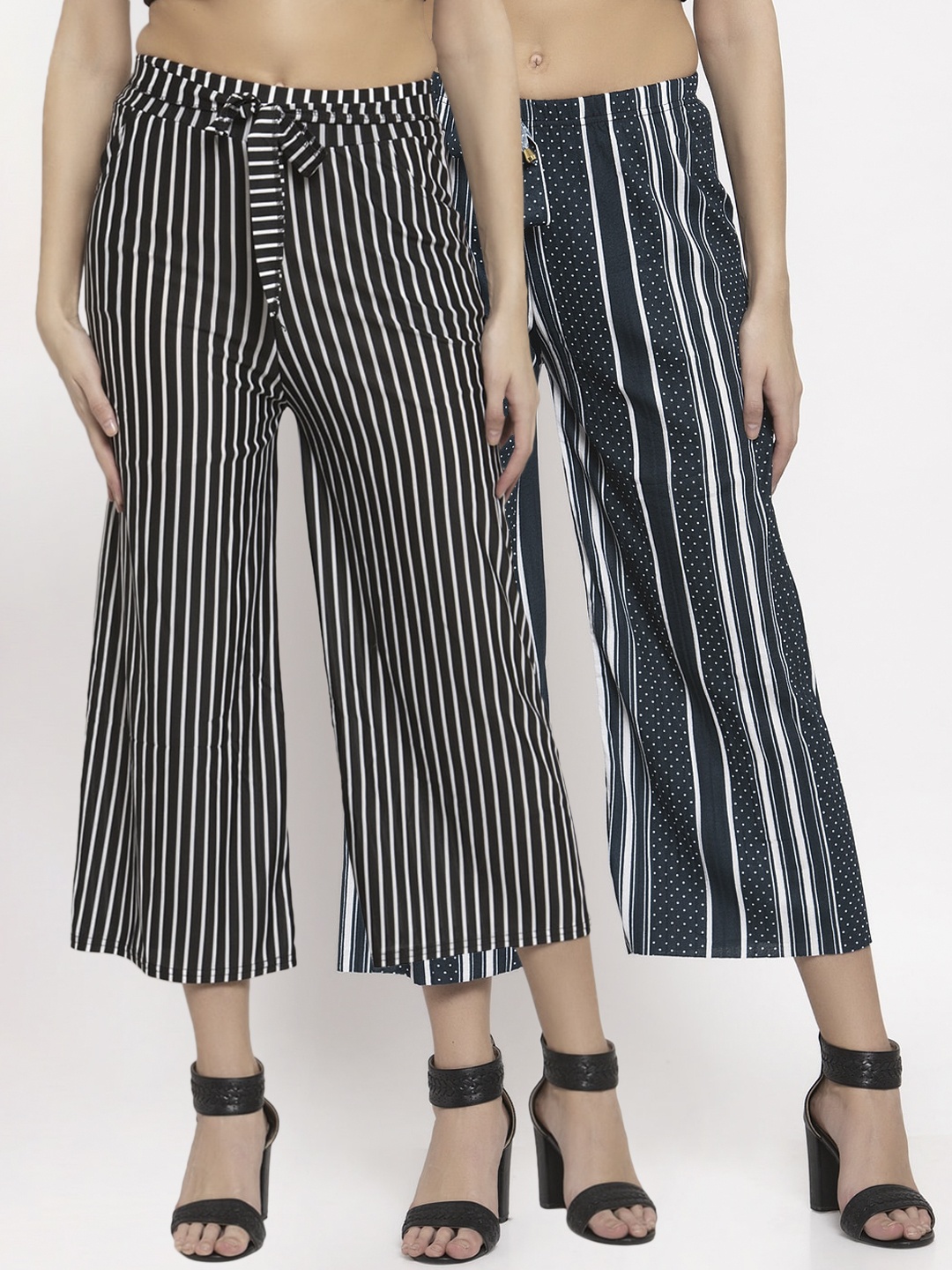 

KLOTTHE Women Pack of 2 Navy Blue & Black Striped Wide Leg Palazzos
