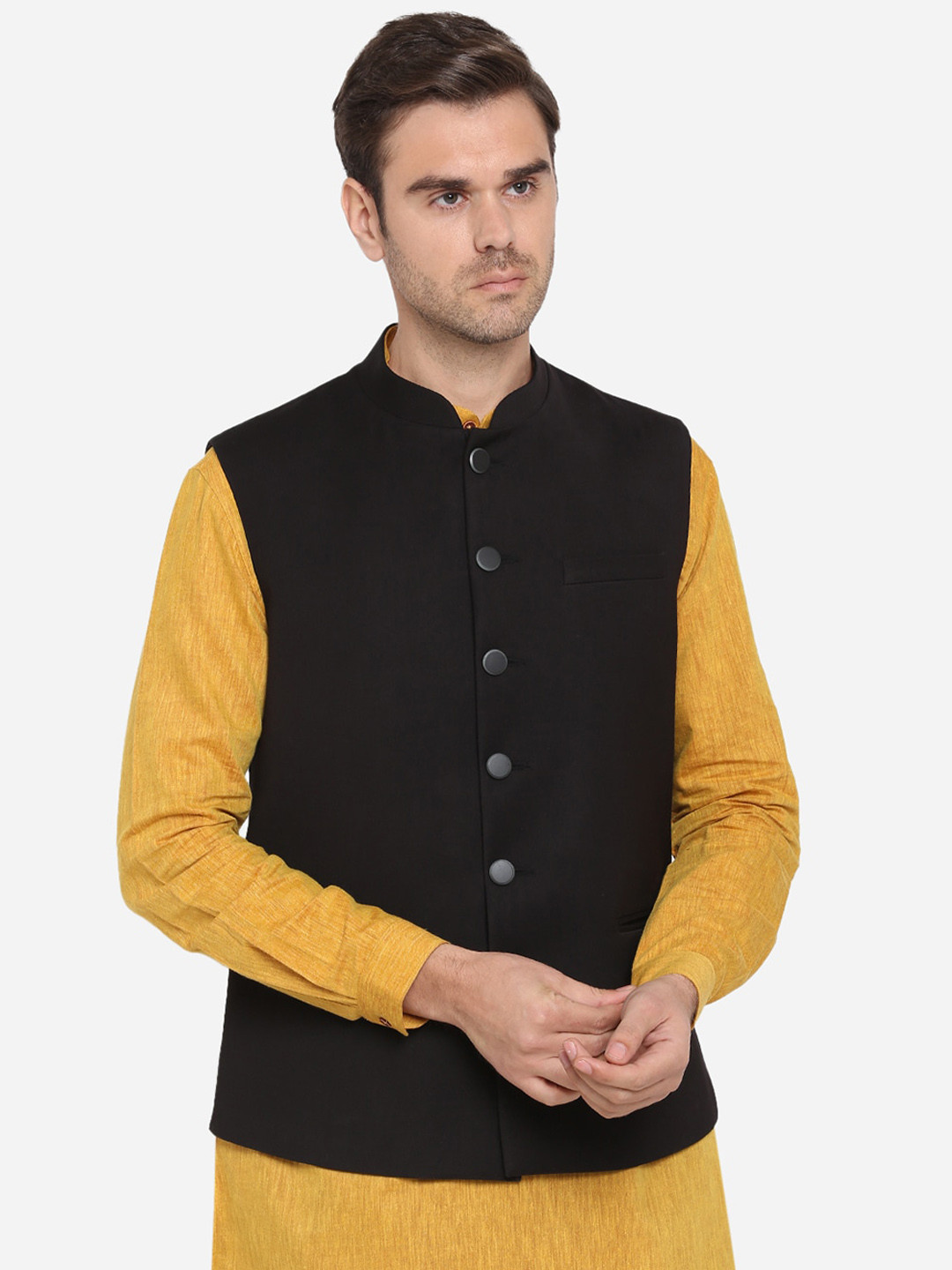 

Greenfibre Men Black Solid Terry Rayon Nehru Jacket