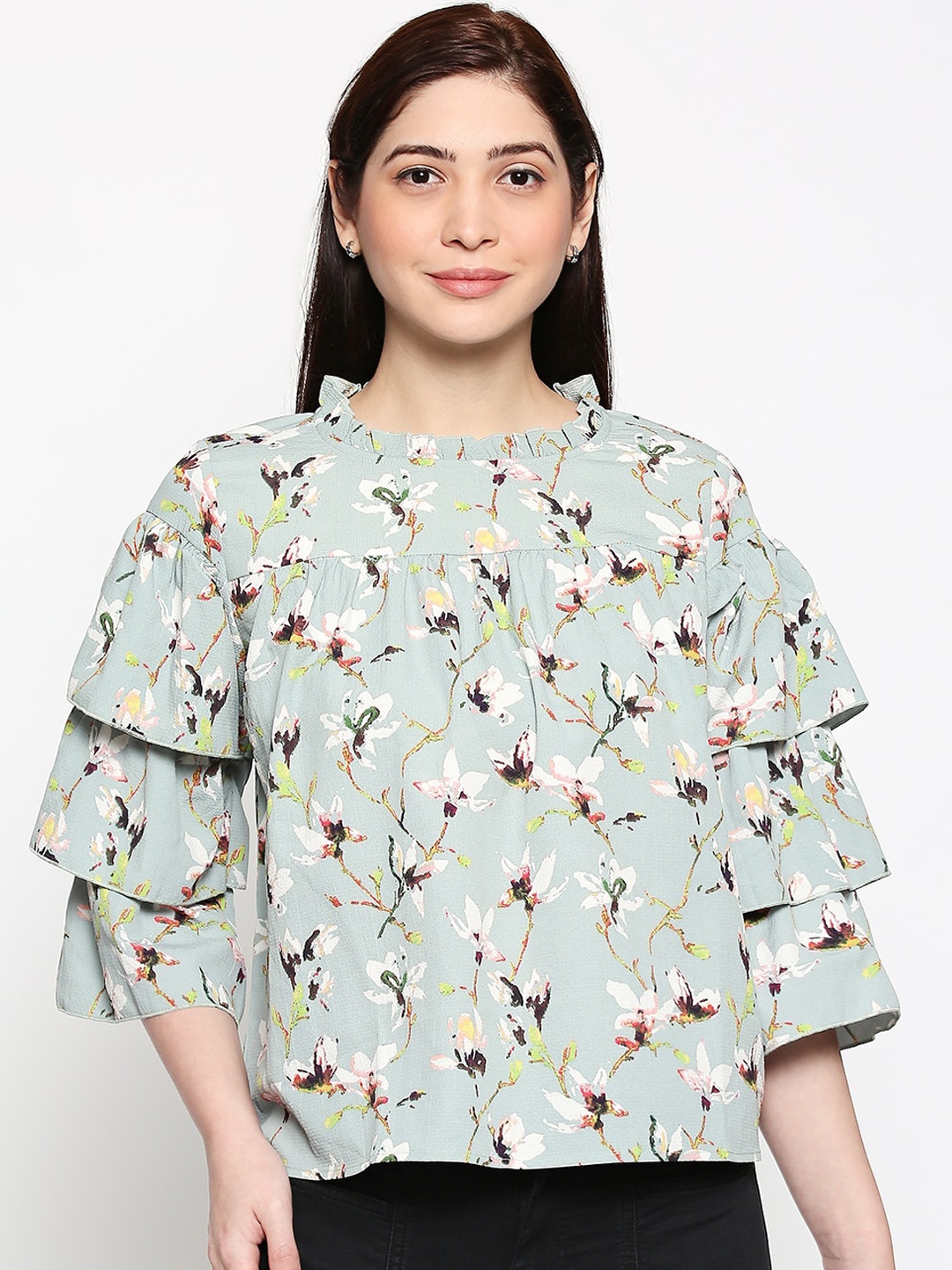 

People Grey Floral Printed Bell Sleeves Top