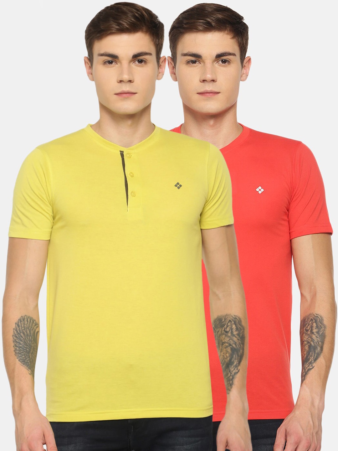 

Dollar Men Pack of 2 Solid Henley Neck T-shirts, Red