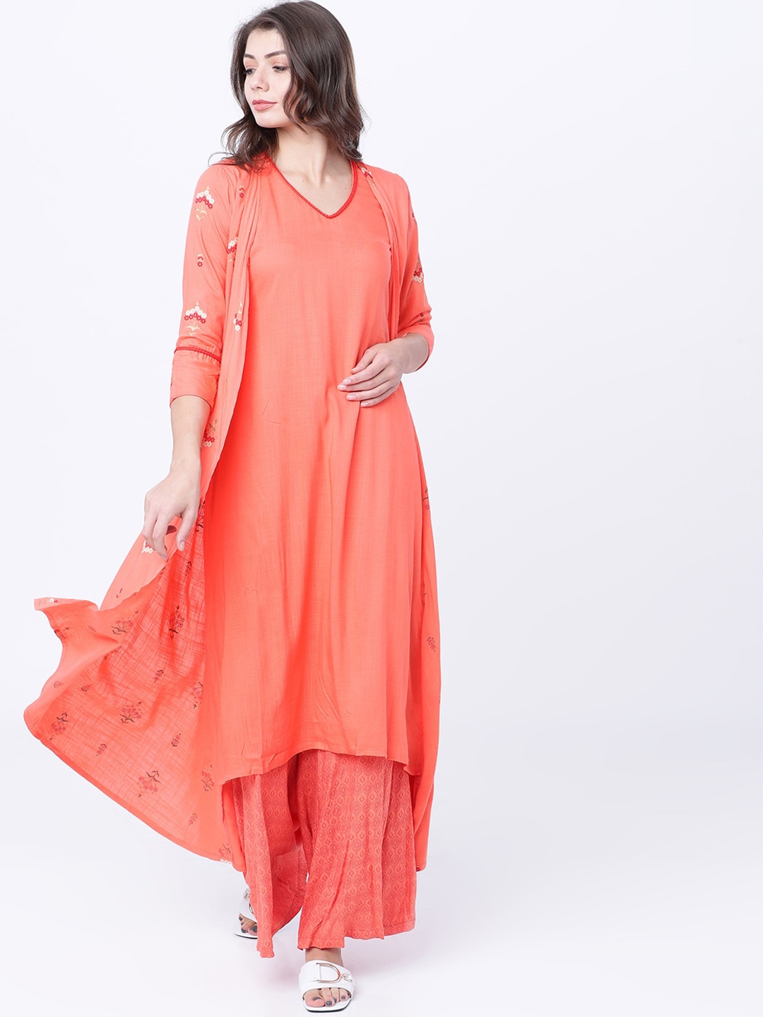 

Vishudh Coral Kurta with Attachable Jacket