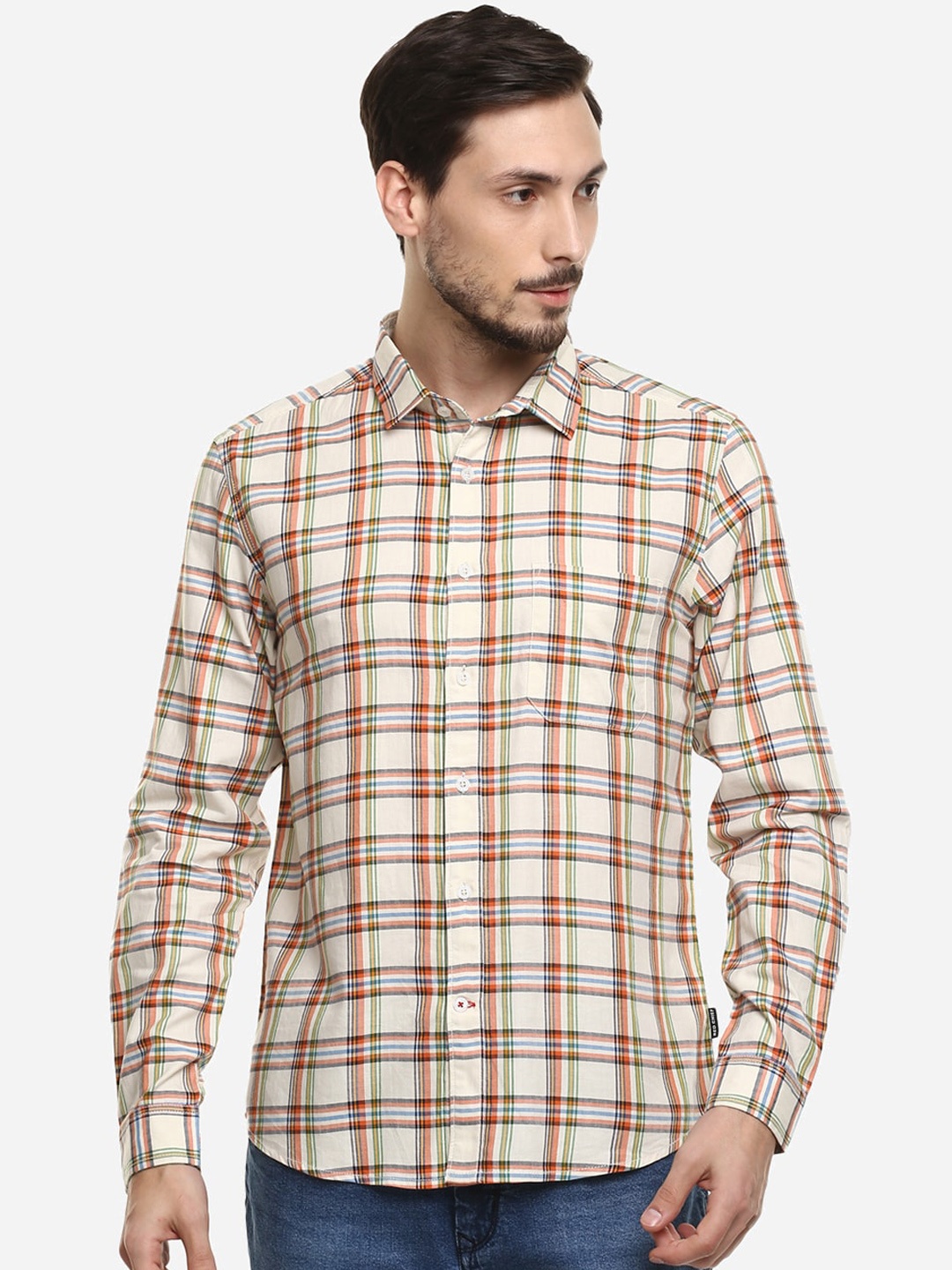 

Red Chief Men Cream-Coloured & Green Slim Fit Checked Casual Shirt