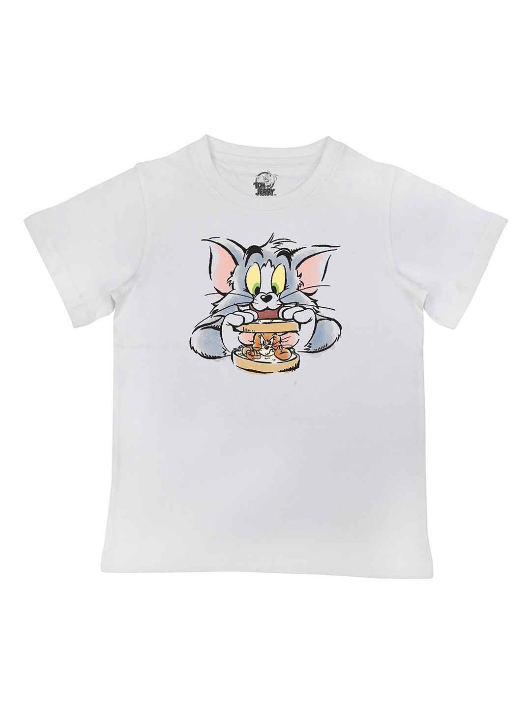 Tom Jerry Boys White Printed Round Neck Cotton Pure Cotton T-shirt