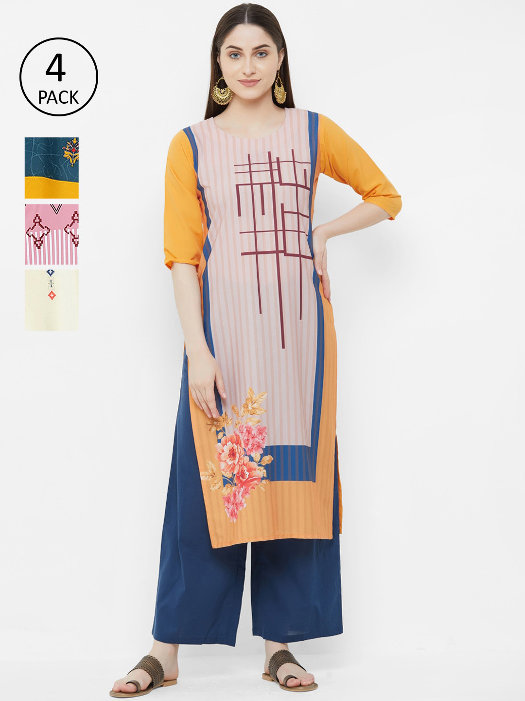 

7Threads Women Multicoloured Printed Crepe Kurta Set of 4, Multi