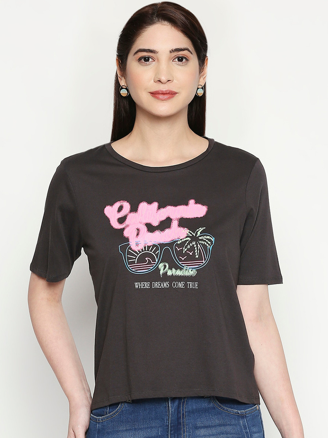 

People Women Grey Printed Round Neck T-shirt