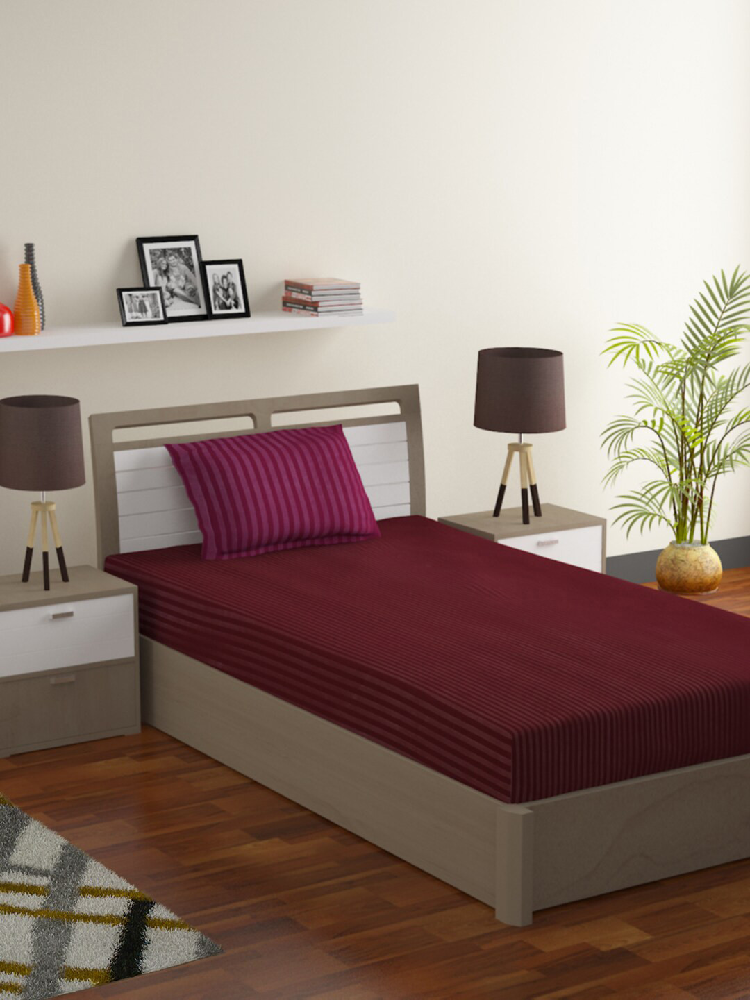 

Bromwick Maroon Striped 180 TC Polycotton 1 Single Bedsheet with 1 Pillow Covers