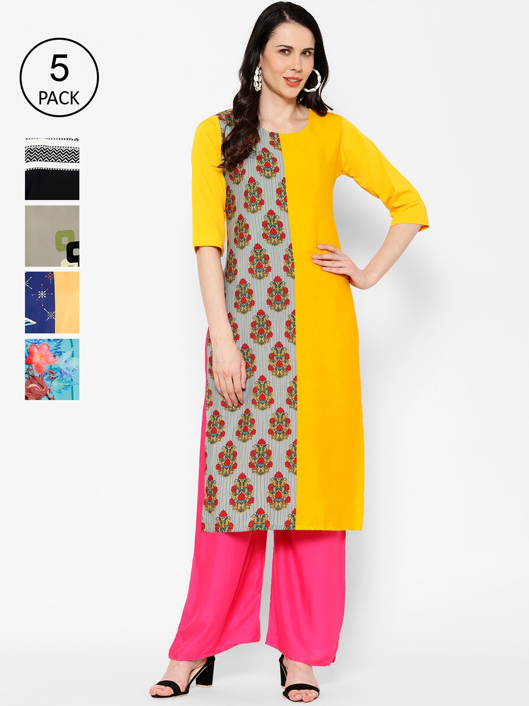 

7Threads Multicoloured Colourblocked Pack Of 5 Crepe Kurta, Multi