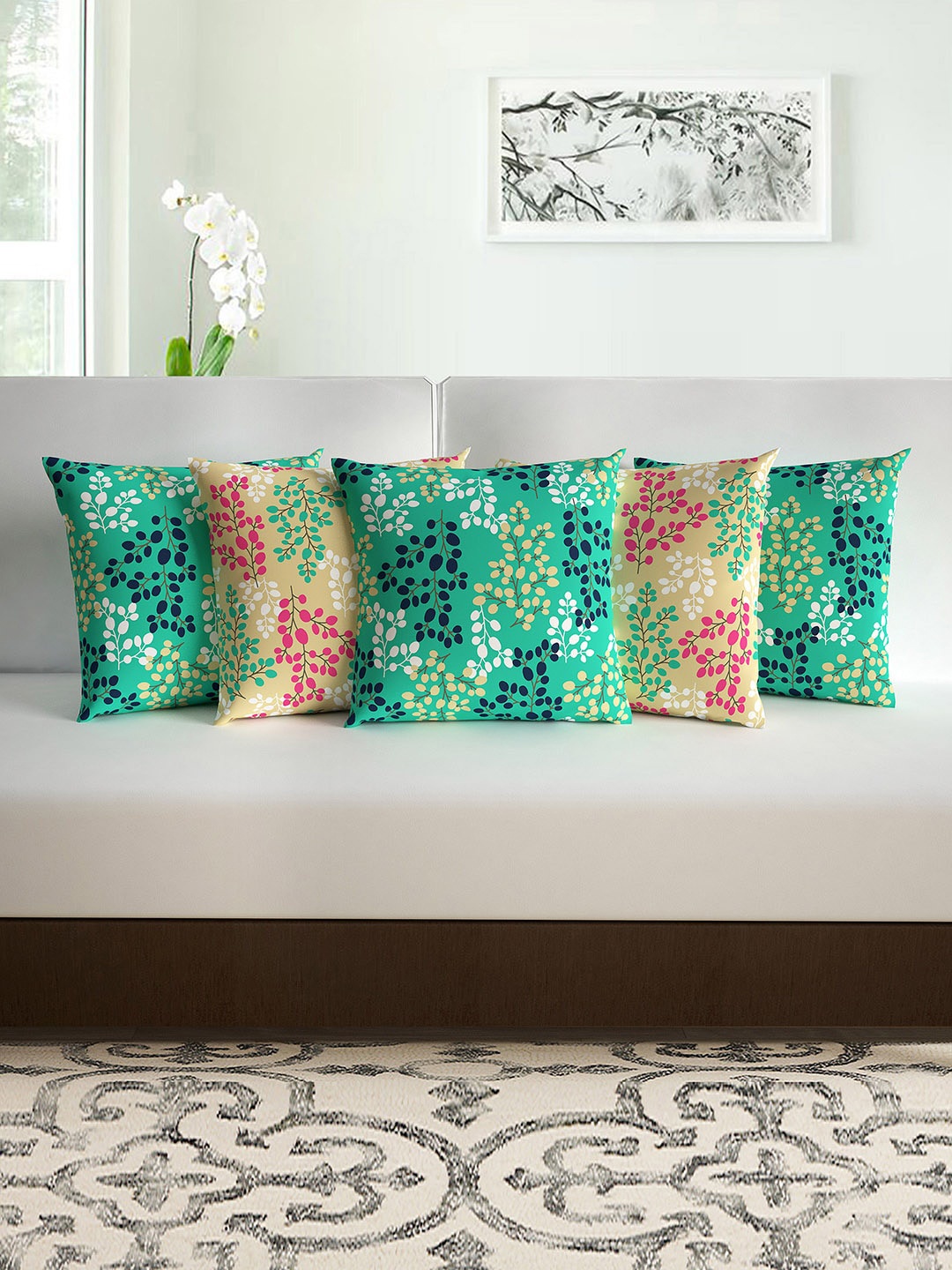 

Divine Casa Green & Beige Set of 5 Floral Square Cushion Covers