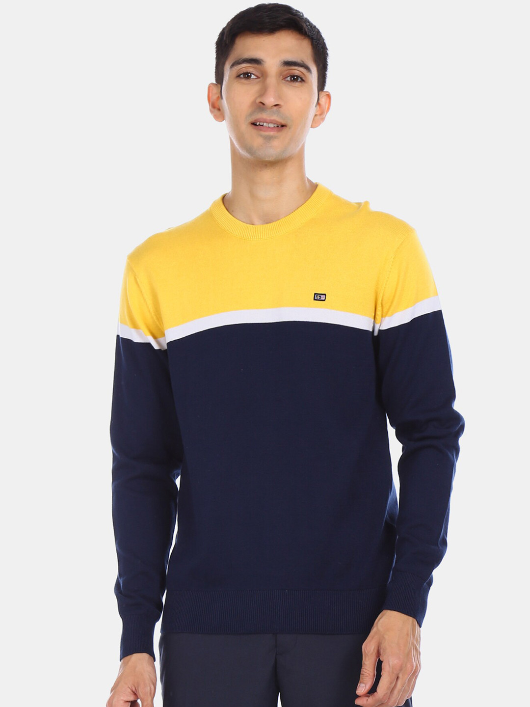

Arrow Sport Men Blue & Yellow Colourblocked Cotton Pullover Sweater