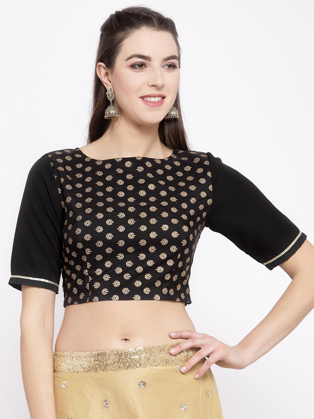 

studio rasa Black & Gold Floral Printed Crepe Crop Top