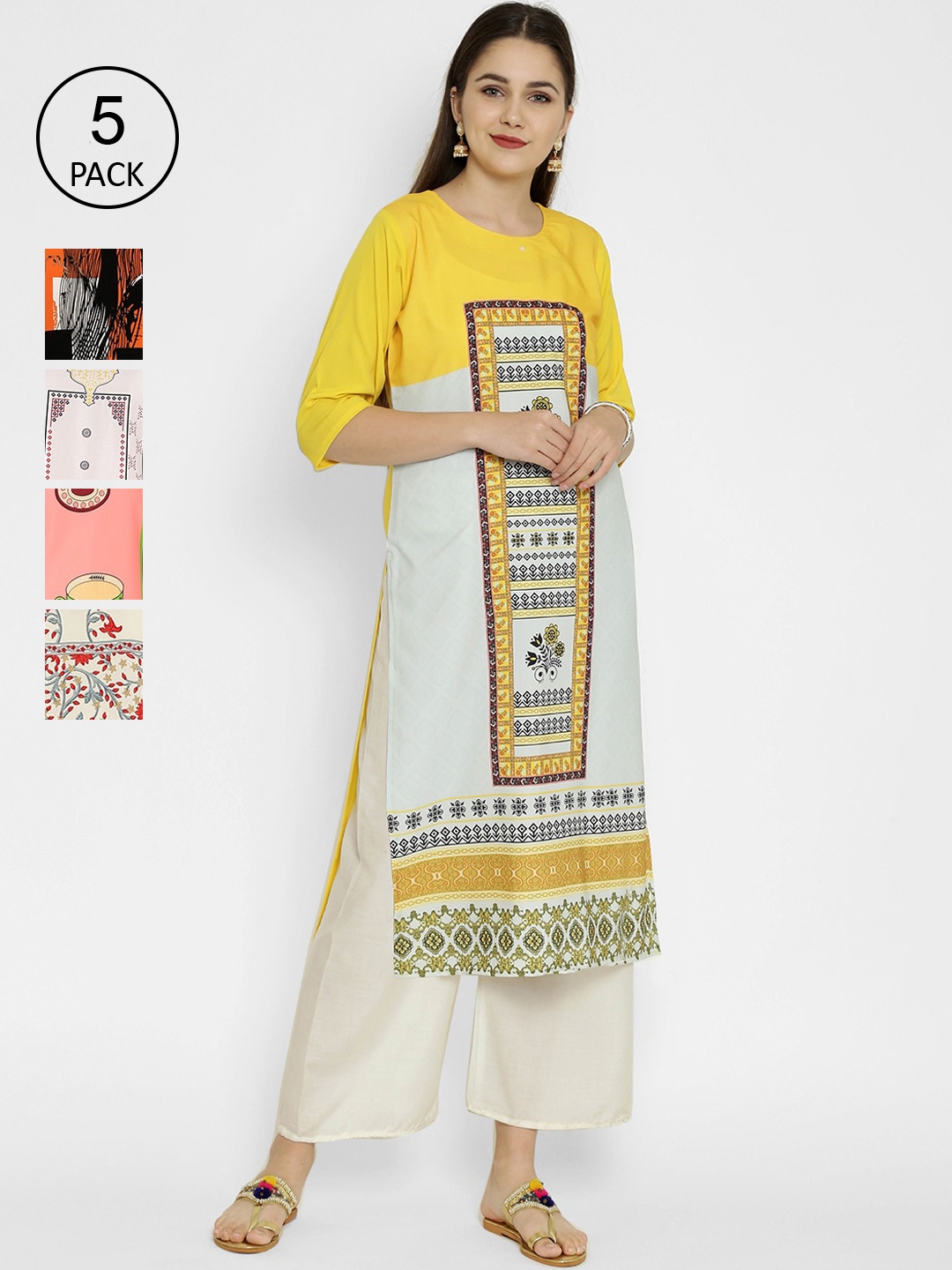 

7Threads Multicoloured Pack of 4 Printed Crepe Kurta, Multi
