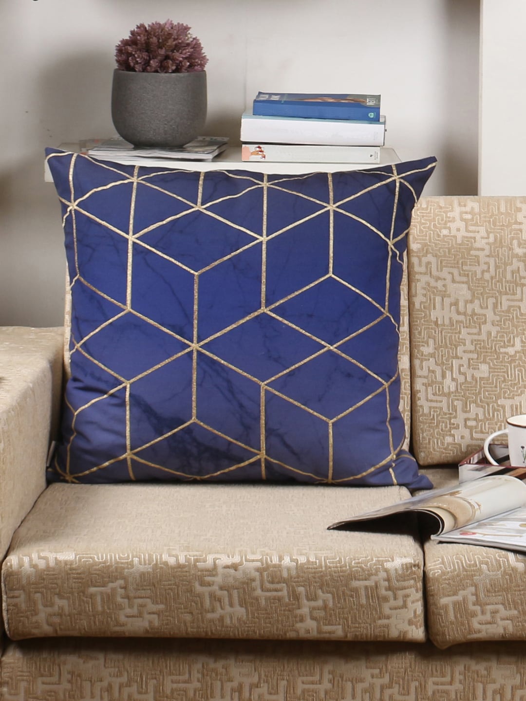 

Sivya Blue & Gold-Toned Set of Single Geometric Square Cushion Covers