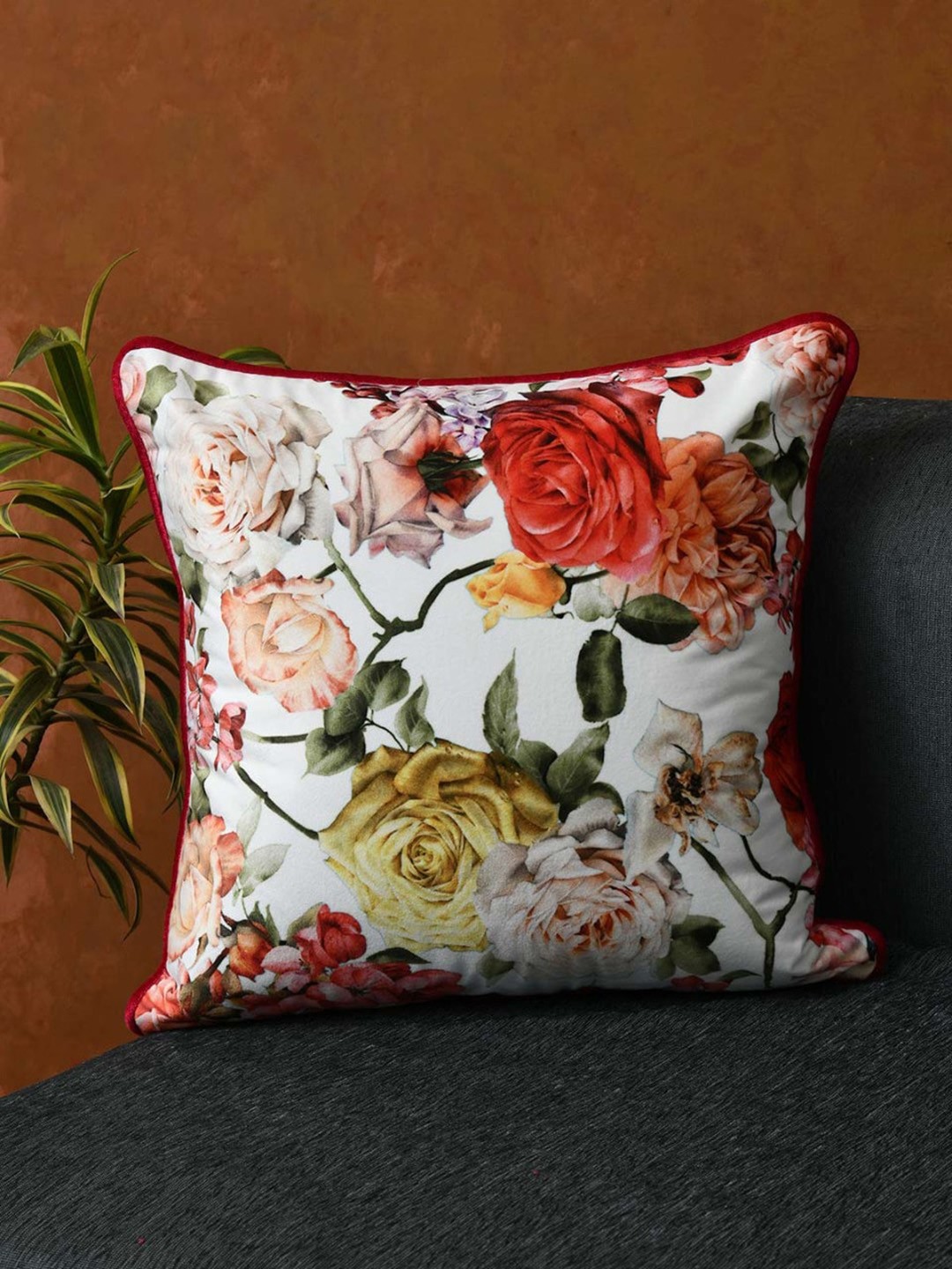 

AMOROSA White & Red Single Floral Square Cushion Covers