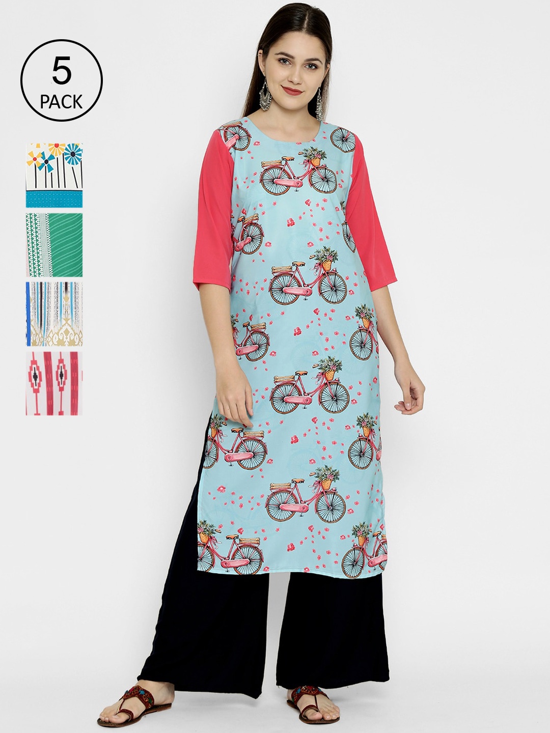 

7Threads Multicoloured Pack of 5 Quirky Printed Crepe Kurta, Multi
