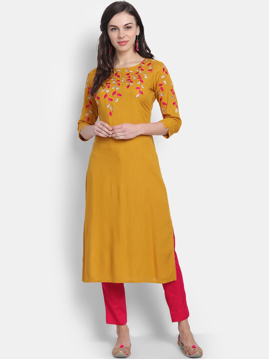 fabGLOBAL Women Mustard Yellow Yoke Design Handloom Straight Kurta