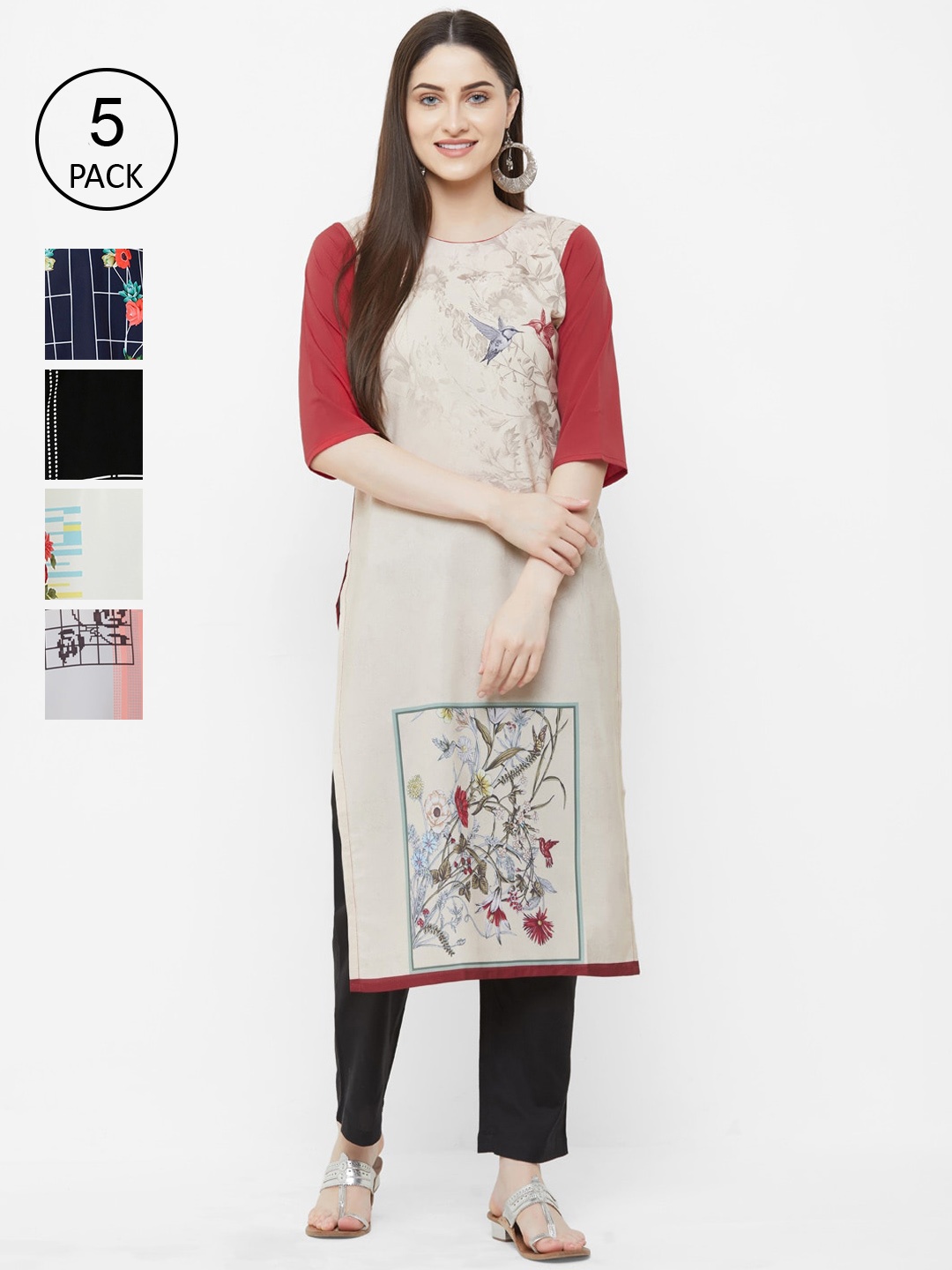 

7Threads Women Multicoloured Floral Printed Crepe Kurta Pack of 5, Multi