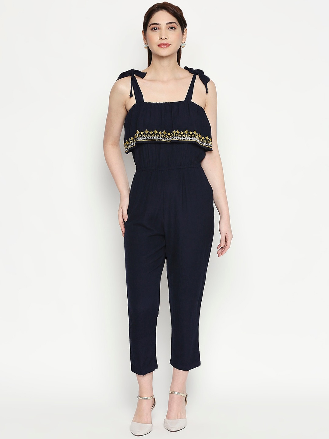 

People Women Navy Blue & White Embroidered Basic Jumpsuit