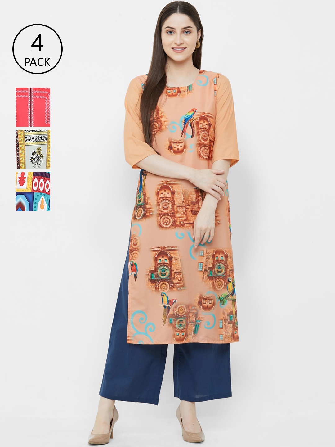 

7Threads Women Multicoloured Ethnic Motifs Printed Crepe Kurta Set of 4, Multi