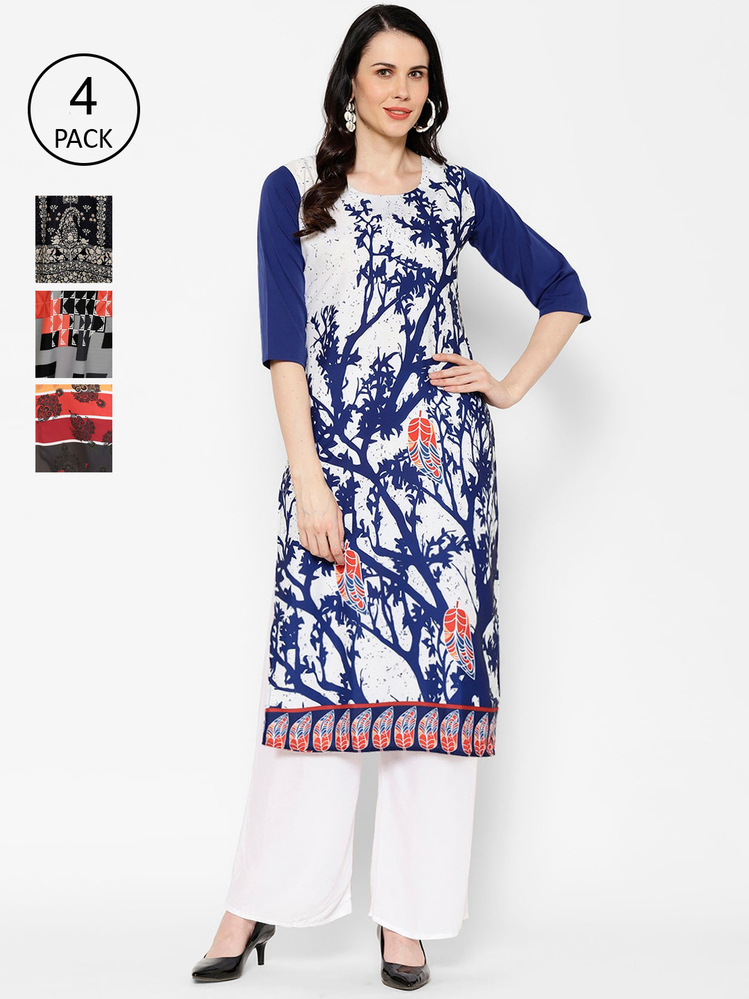 

7Threads Women Multicoloured Ethnic Motifs Printed Crepe Kurta Pack of 4, Multi