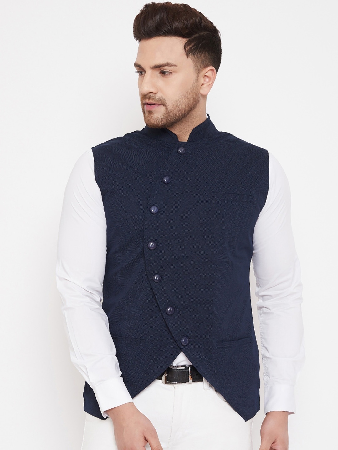 Hypernation Men Navy Blue Solid Nehru Jacket