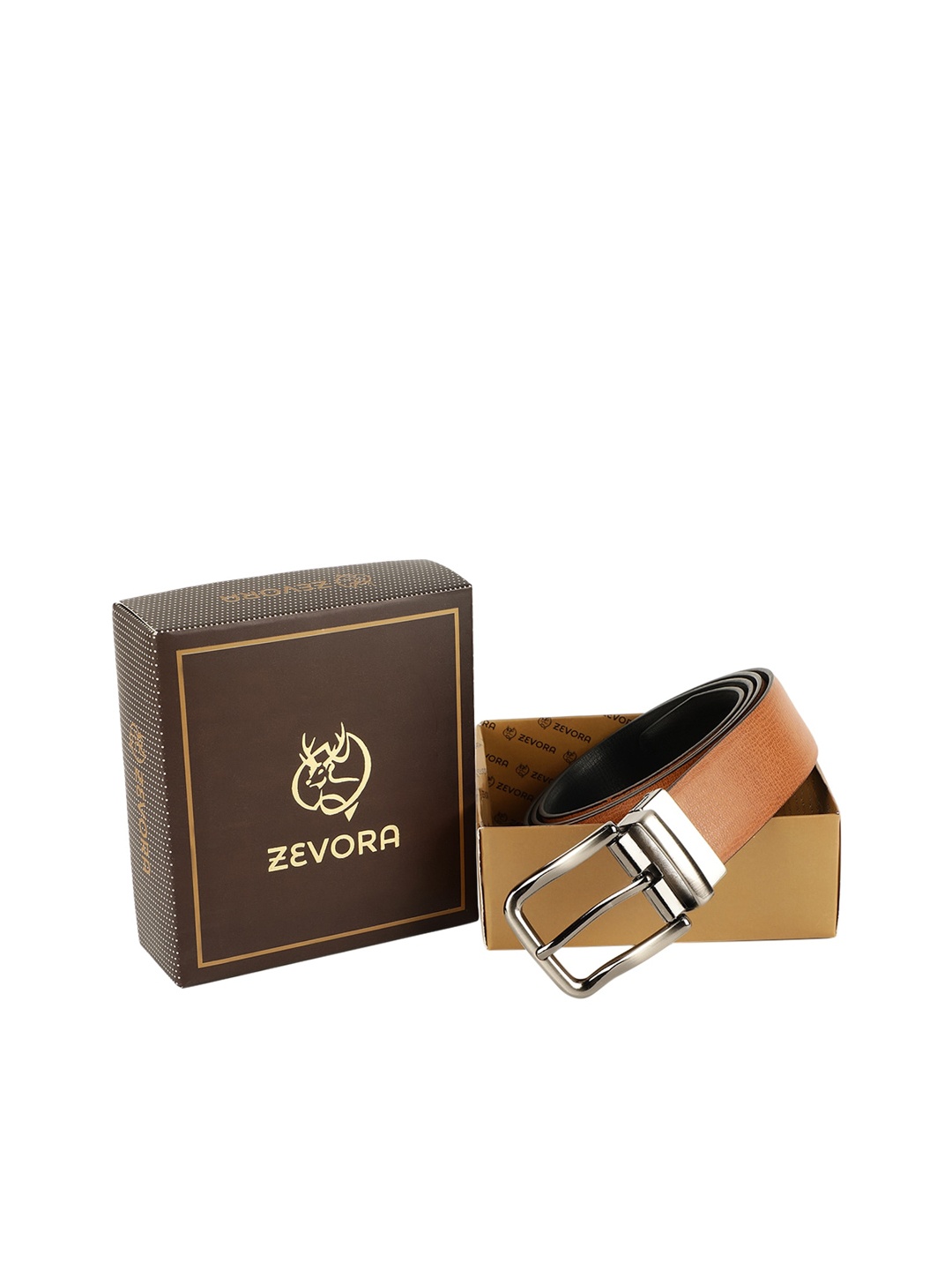 

ZEVORA Men Tan Brown & Black Textured Reversible Belt