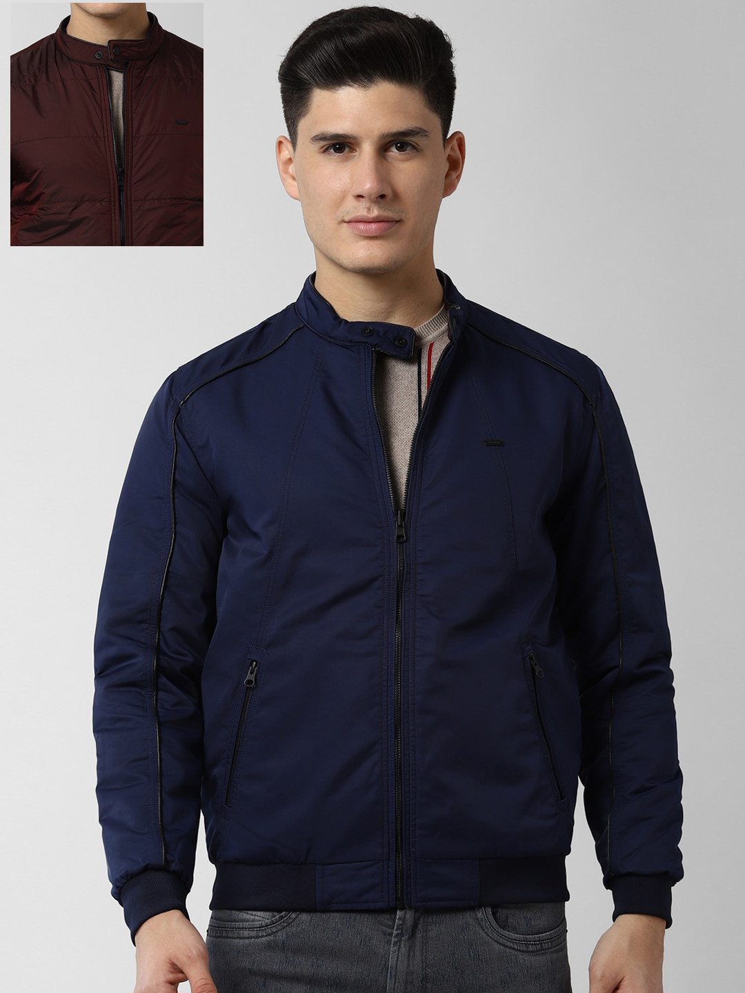 

Peter England Casuals Men Maroon & Navy Blue Reversible Bomber Jacket