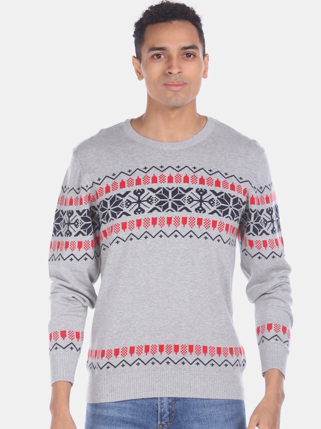 

Aeropostale Men Grey & Black Fair Isle Sweater