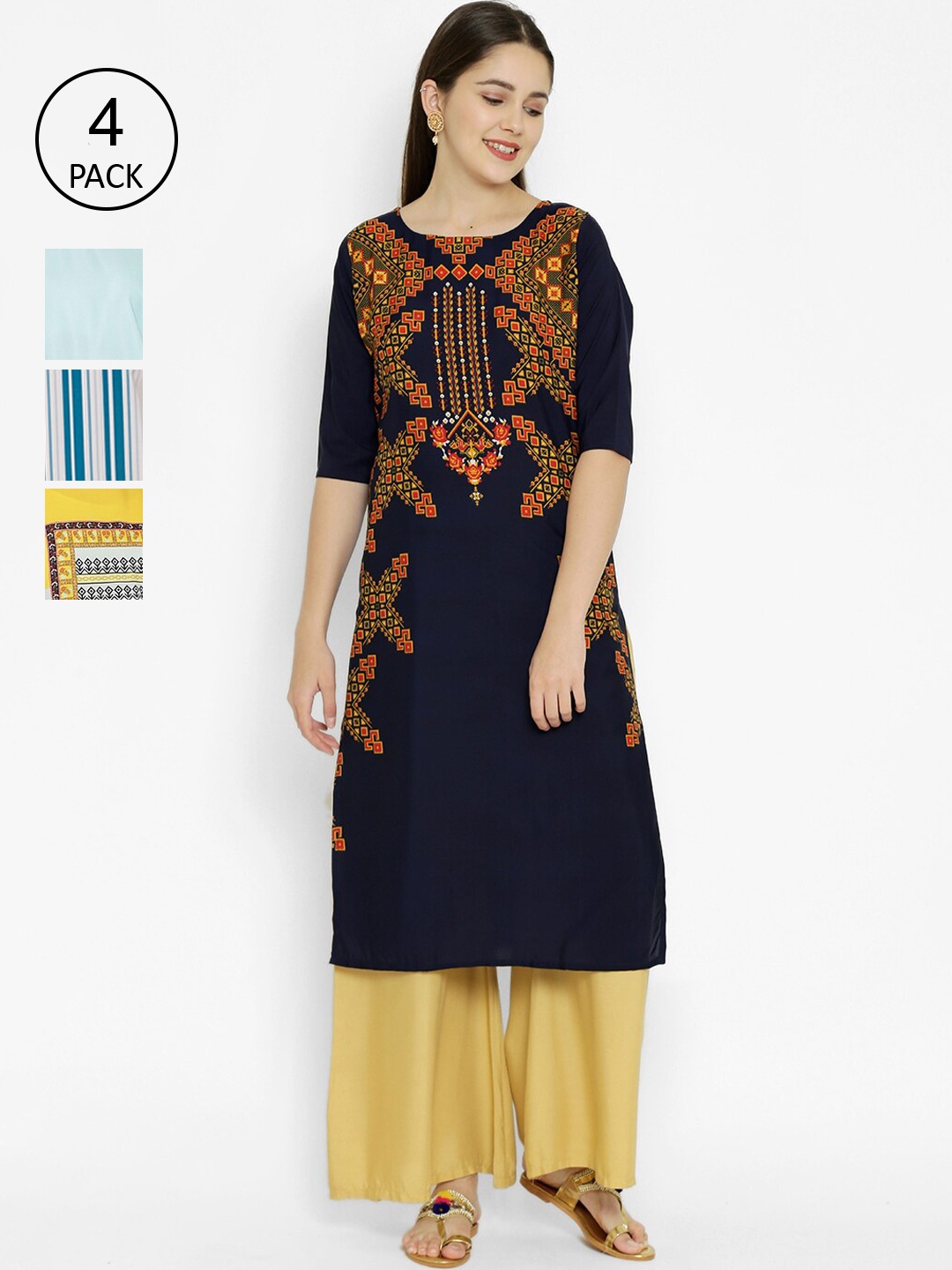 

7Threads Women Pack Of 4 Multicoloured Geometric Printed Crepe Kurtas, Multi