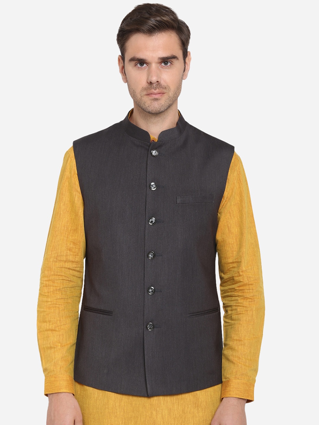 

Greenfibre Men's Grey Solid Viscose Rayon Nehru Jacket