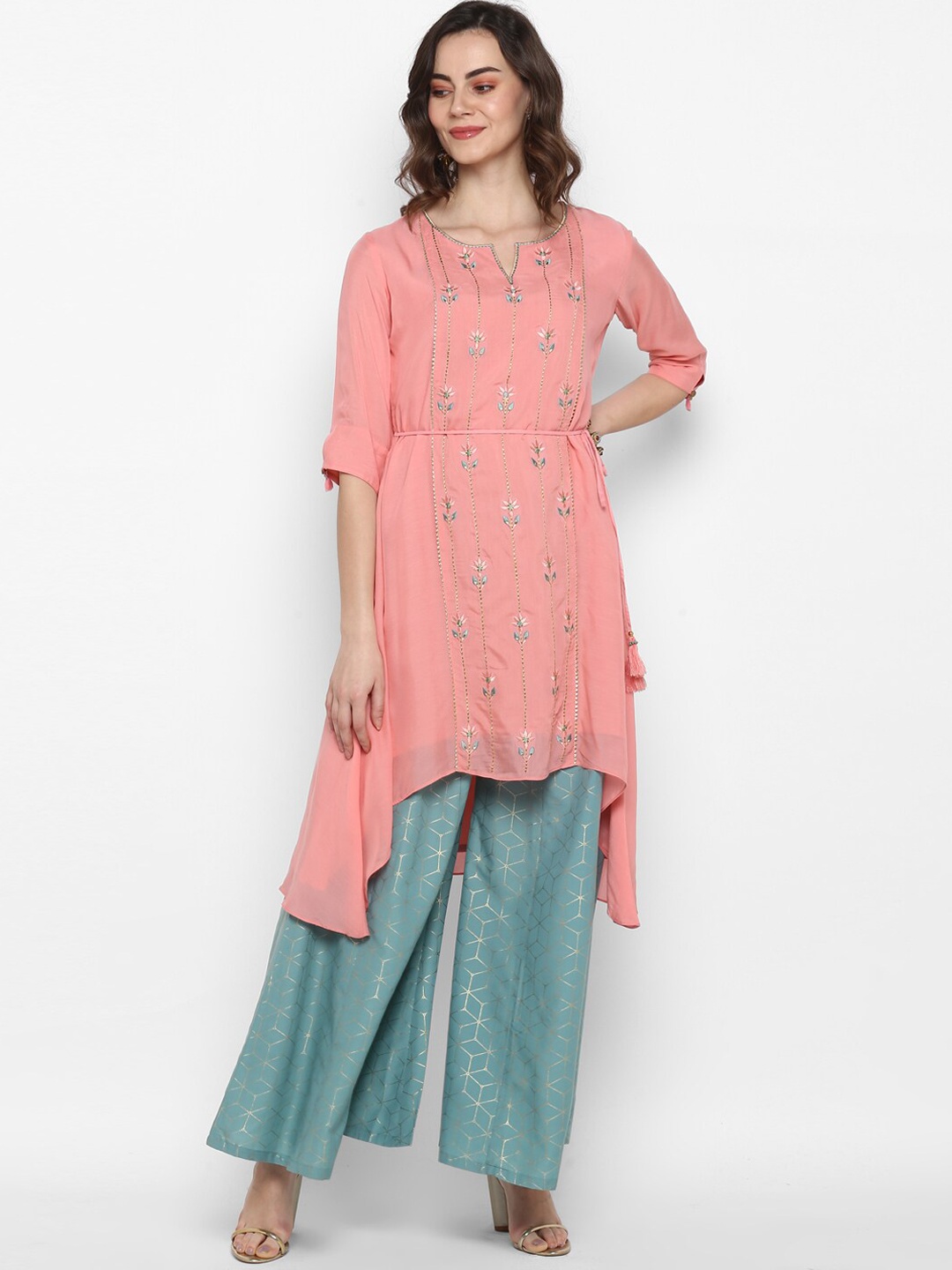 

Janasya Women Pink Embroidered Kurta with Palazzos
