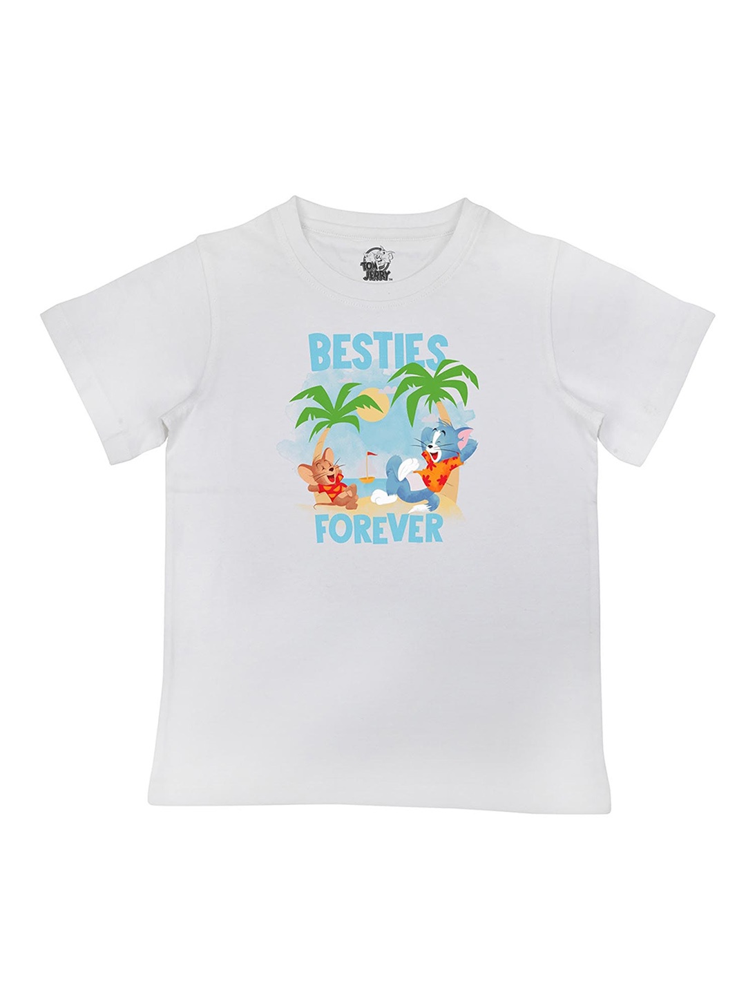 

Tom Jerry Boys White Green Printed Round Neck Cotton Pure Cotton T-shirt