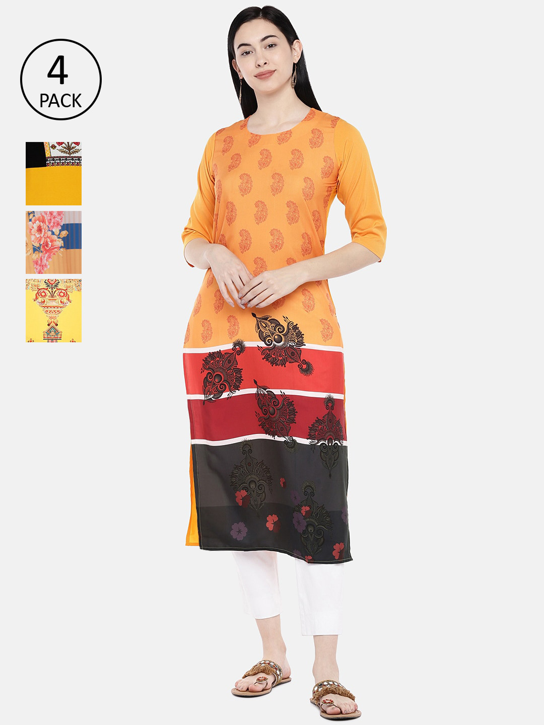 

7Threads Pack of 4 Ethnic Motifs Printed Crepe Kurta, Multi