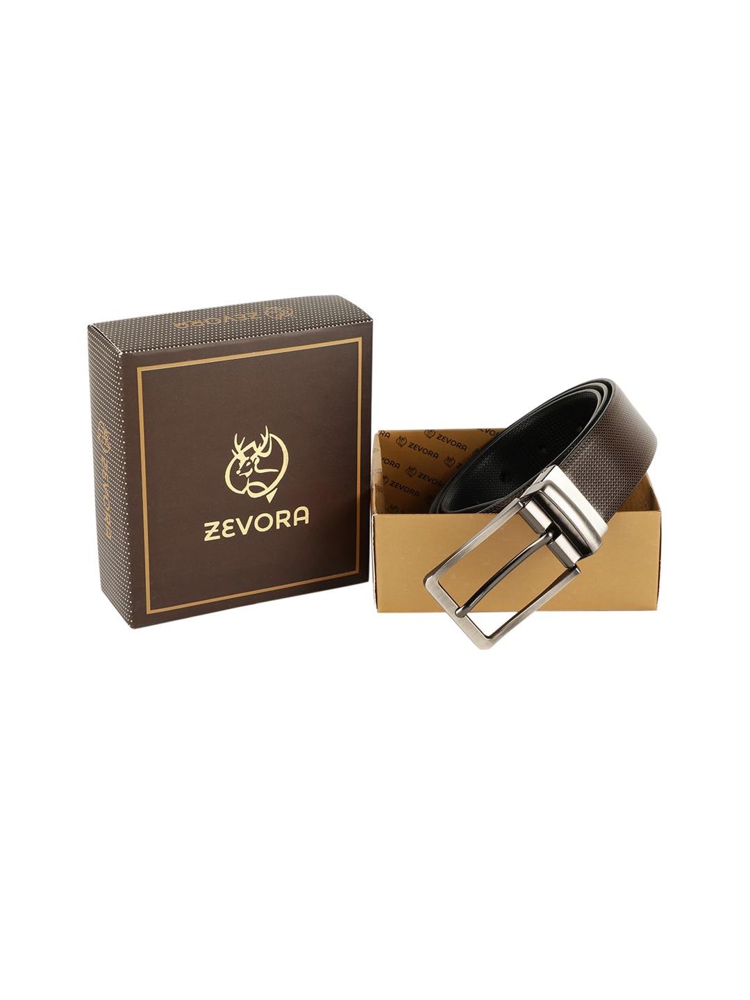 

ZEVORA Men Brown & Black Textured Reversible Belt