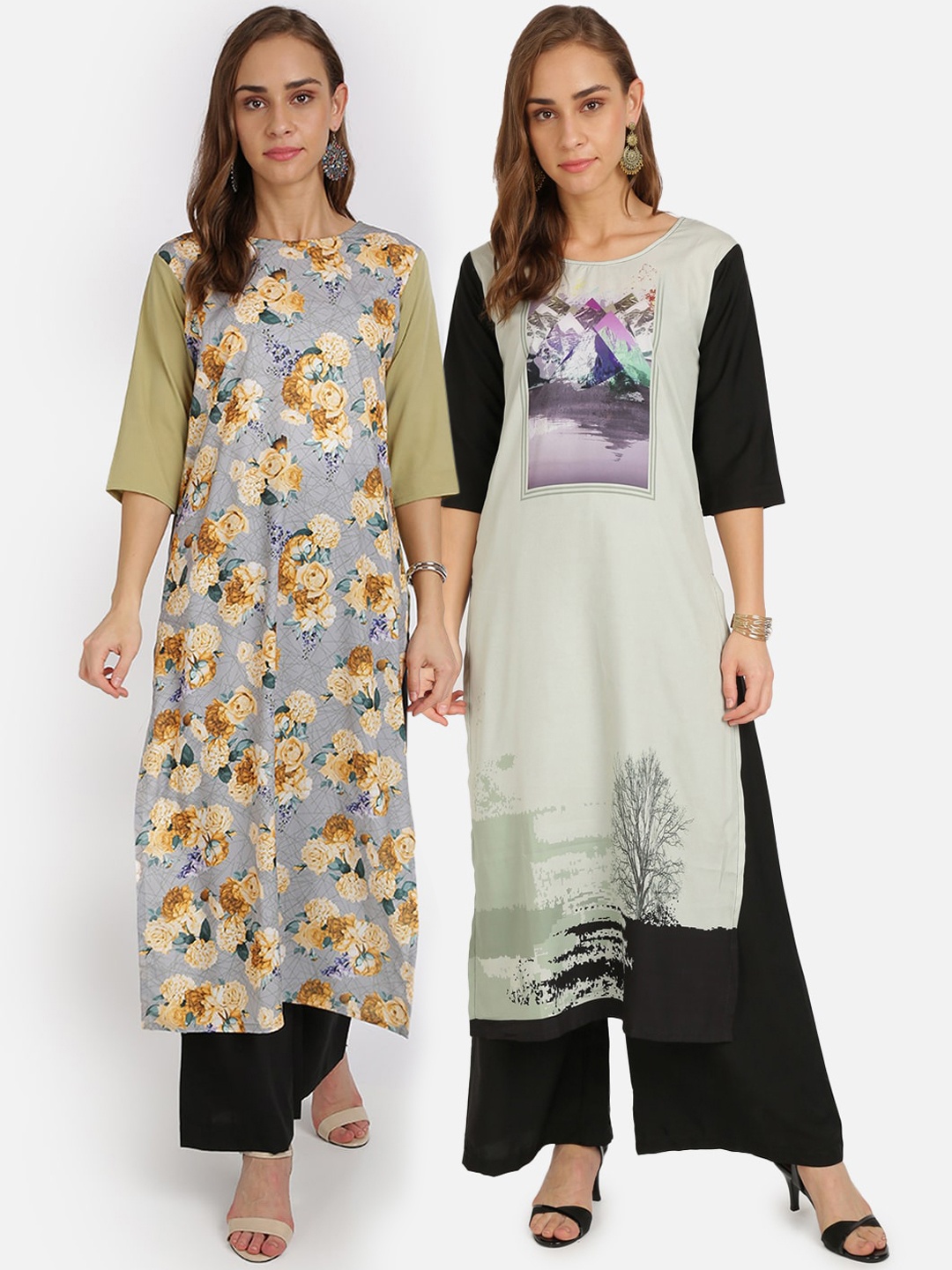 

Florence Women Multicoloured Floral Printed Crepe Kurta Pack of 2, Multi