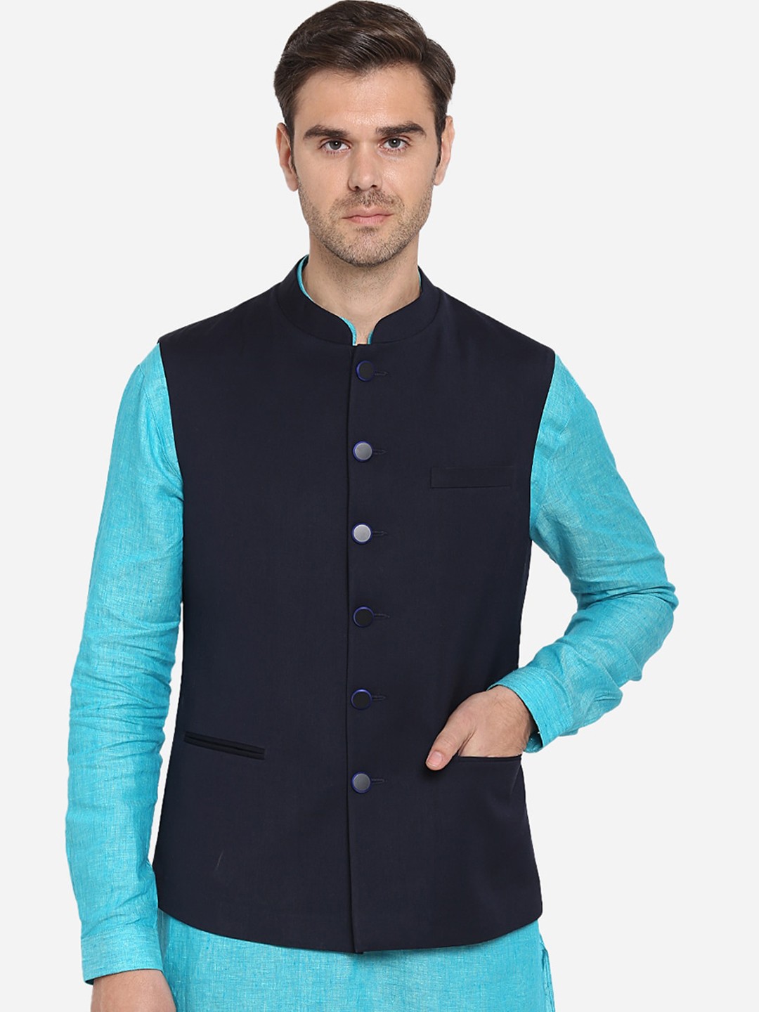 

Greenfibre Men Navy Solid Terry Rayon Nehru Jacket, Navy blue