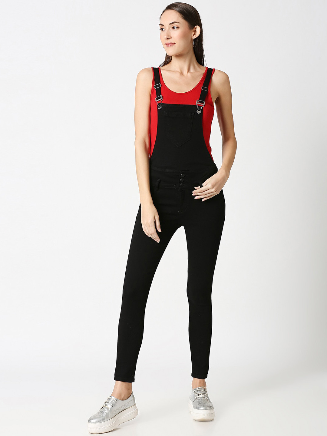 

High Star Women Black Solid Skinny-Fit Denim Dungaree